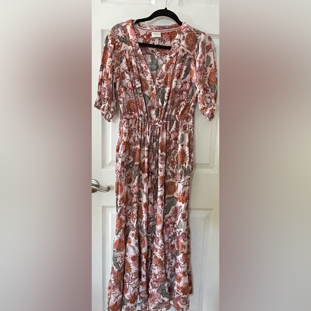 KnoxRose Pink Floral ShortSleeve V Neck Maxi Dress with Tir Waist